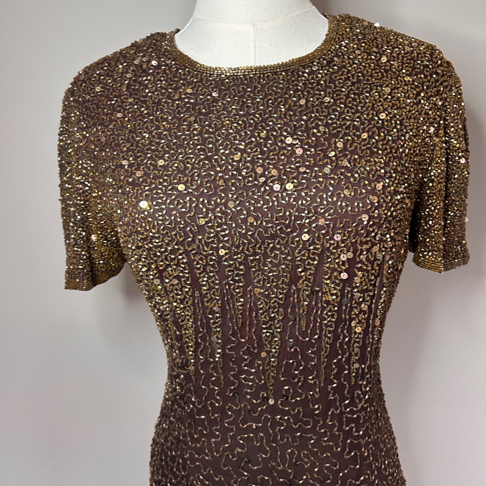 VINTAGE STENAY Silk Brown Bead Gown Art Deco Hollywood Glam Formal Maxi Dress 2 - Picture 4 of 13